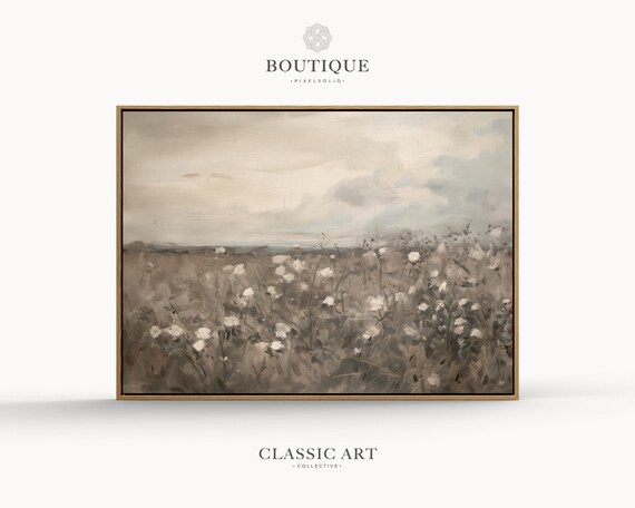 Neutral Cotton Field Autumn Cloudy Sky Farmhouse Oil Painting Print