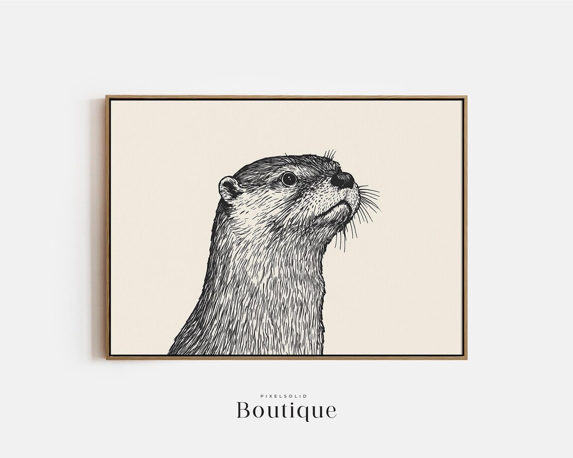 Hand Drawn Otter Head Minimalist Black Line Animal Wildlife Print