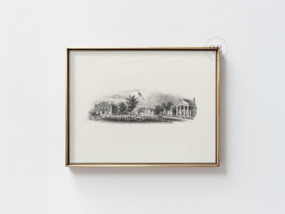 Historic Town Square Engraving Print Old Architecture Wall Art Flag Scene Classic Decor Vintage Style No830