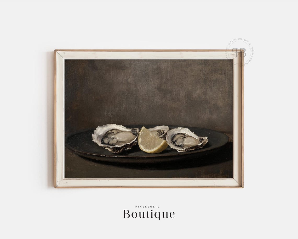 Oysters On Plate With Lemon Dark Moody Vintage Still Life Poster