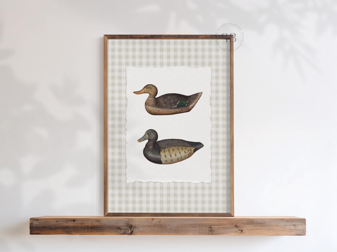 Antique Wooden Duck Decoy Pair Gingham Rustic Cabin Wildlife Print