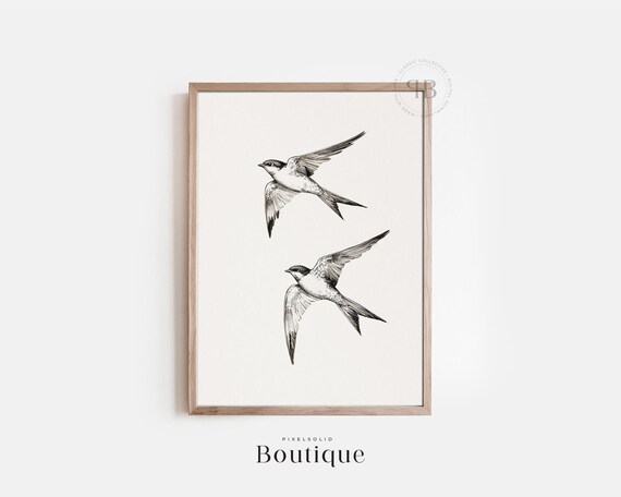 Swallow Bird Wall Art Vintage Style Illustration Black And White Minimalist Rustic Home Decor No678