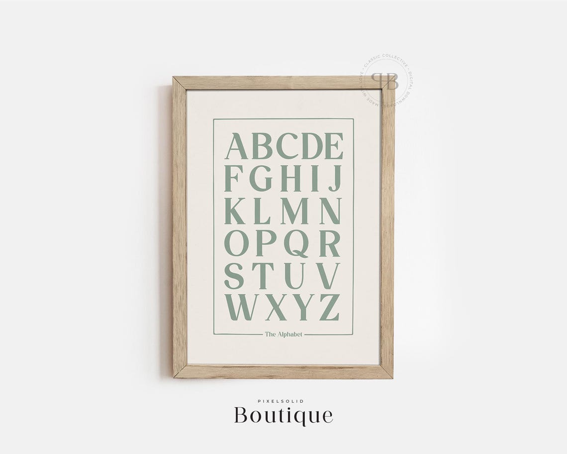 The Alphabet Sage Green Serif Letters Minimalist Nursery Poster