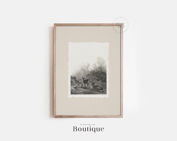 Forest Deer Illustration Print Antique Wildlife Drawing Wall Art Rustic Nature Decor Vintage Style No815