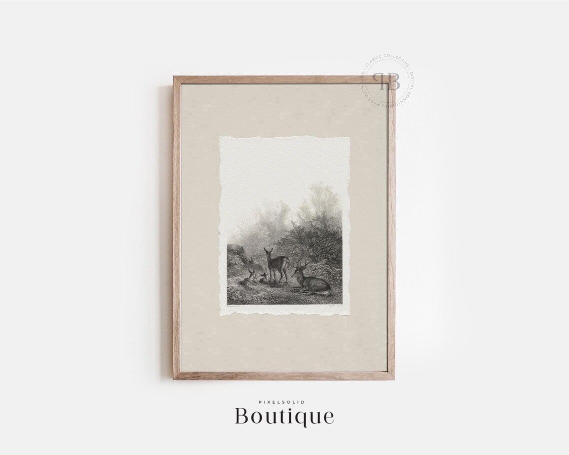 Forest Deer Illustration Print Antique Wildlife Drawing Wall Art Rustic Nature Decor Vintage Style No815