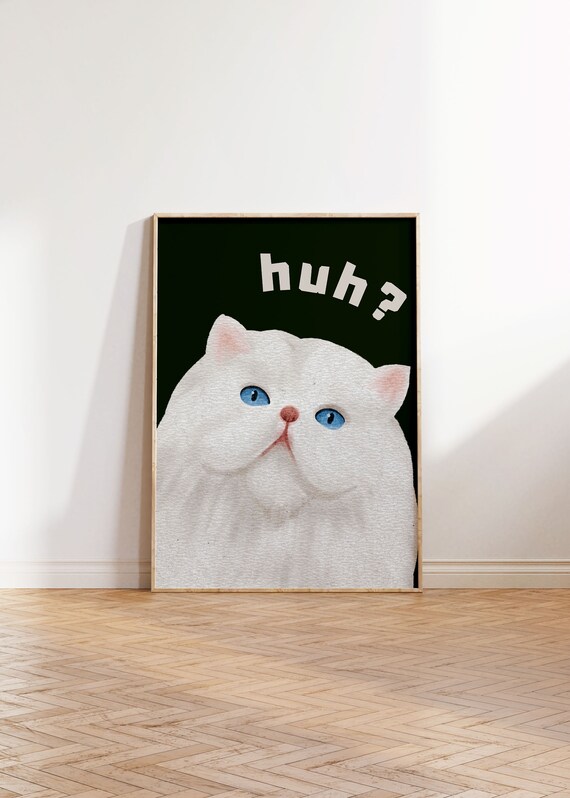 Maximalist Retro Funnywhite Cat Kitten In Emerald Green Huh Bathroom Wall Art Decor Prints Home Trendy Print