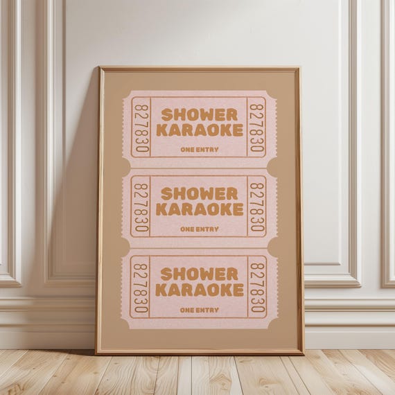 Shower Karaoke Ticket Bathroom Print Funny Sand Beige Nude Natural Trendy Wall Decor Art