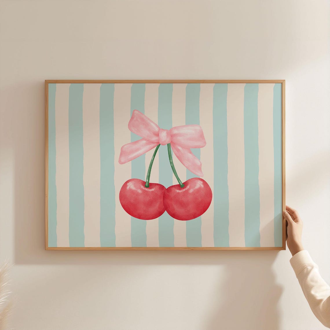 Pink Bow Cherries Coquette Blue Striped Retro Kitchen Art Print