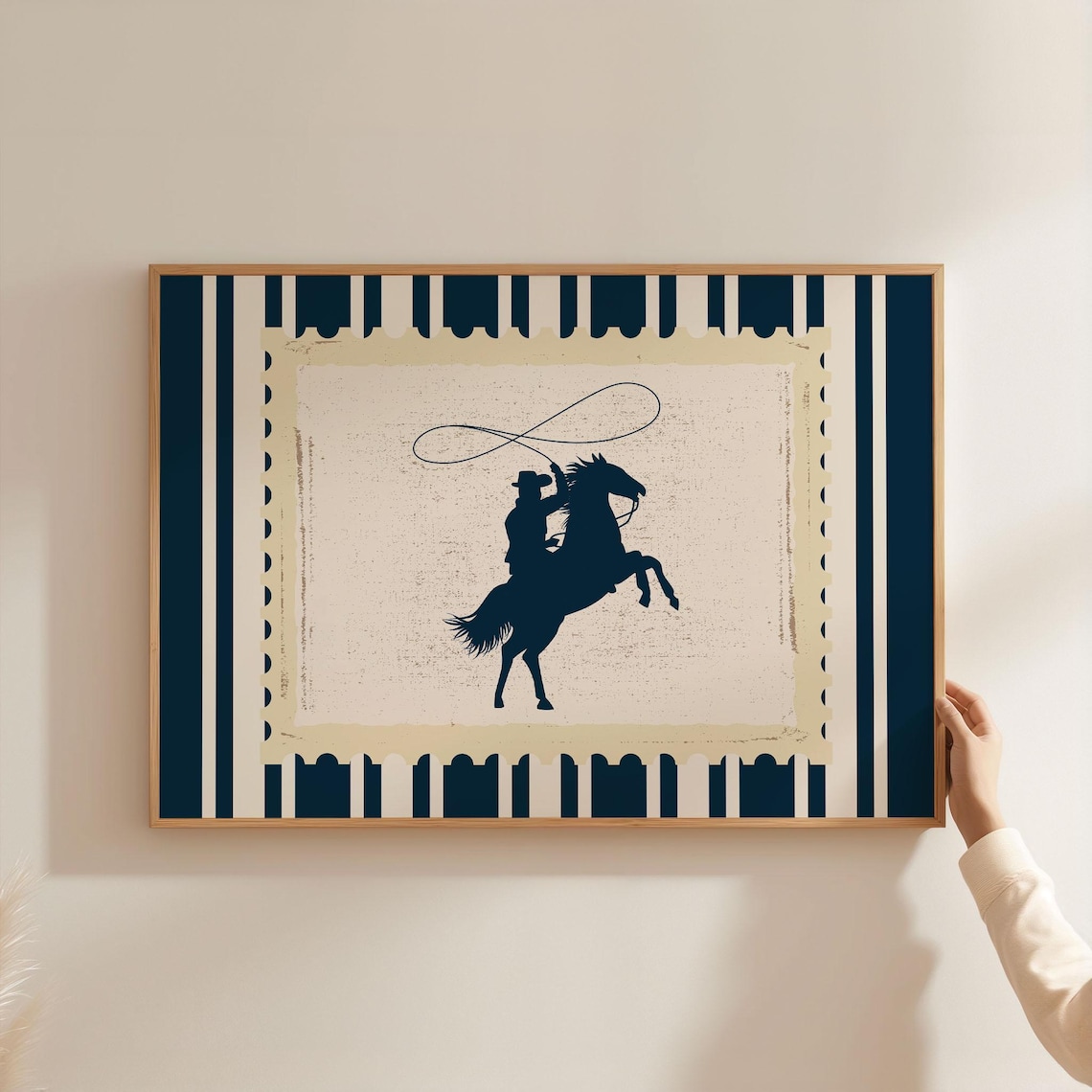 Rodeo Cowboy Horse Silhouette Navy Stripes Vintage Western Art Poster