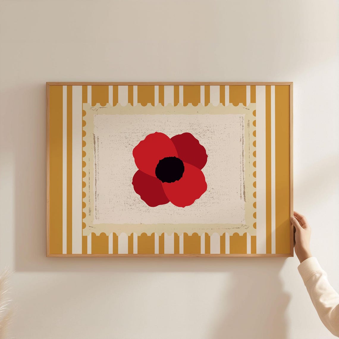 Red Poppy Postage Stamp Vintage Floral Art On Mustard Stripe Poster
