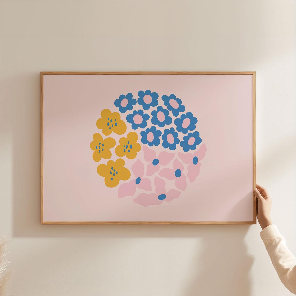Playful Pop Art Flower Circle Blue Yellow Pink Blush Colors Poster