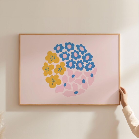 Playful Pop Art Flower Circle Blue Yellow Pink Blush Colors Poster