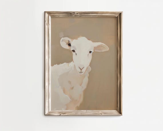 Physical Poster Midcentury Vintage Sheep Lamb Portrait Beige Animal Wabi Sabi Living Room Wall Art Decor Trendy Print