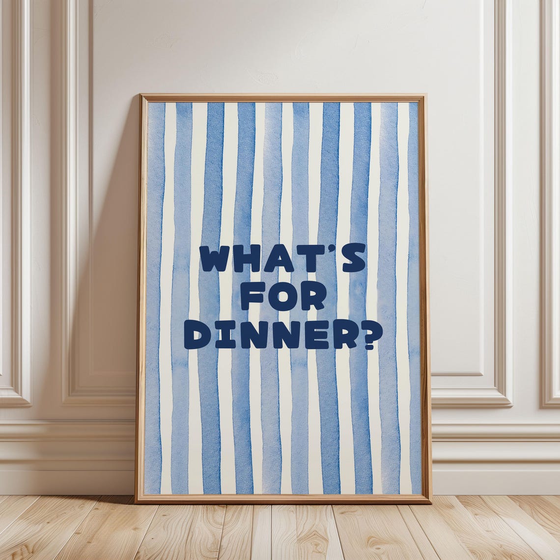 What Is For Dinner Blue Watercolor Striped Retro Kitchen Wall Art