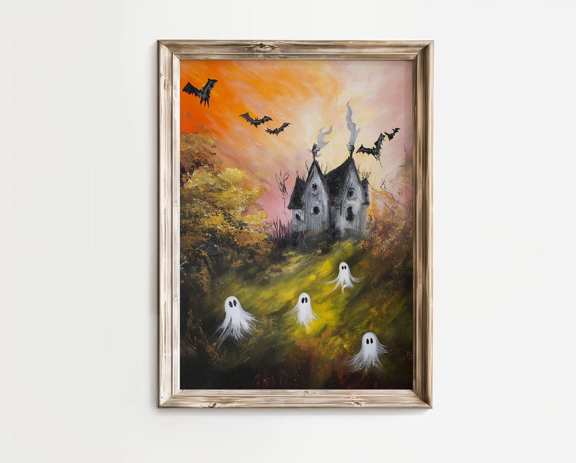Haunted House Ghosts Bats Orange Sunset Halloween Art Poster