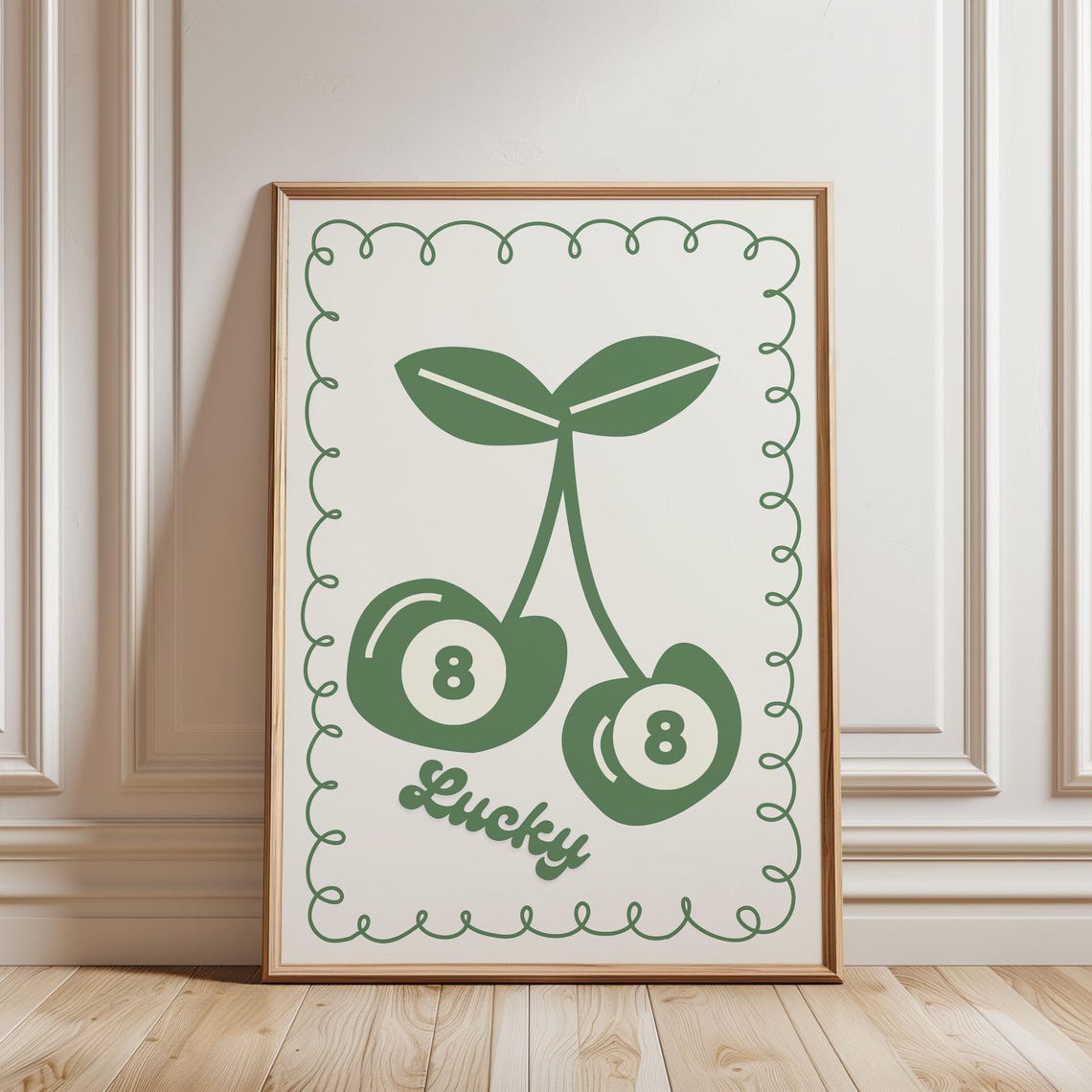 Lucky Me 8 Ball and Cherry Retro Pattern Green Mid Century Poster