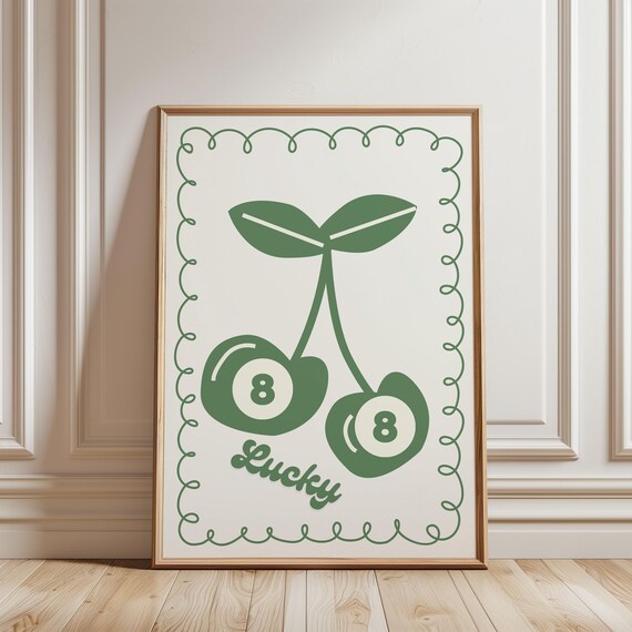 Lucky Me 8 Ball and Cherry Retro Pattern Green Mid Century Poster