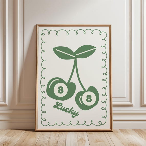 Lucky Me 8 Ball Cherry Art Print Saga Green Poster Vintage Food Trendy Retro Mid Century Modern Kitchen Wall