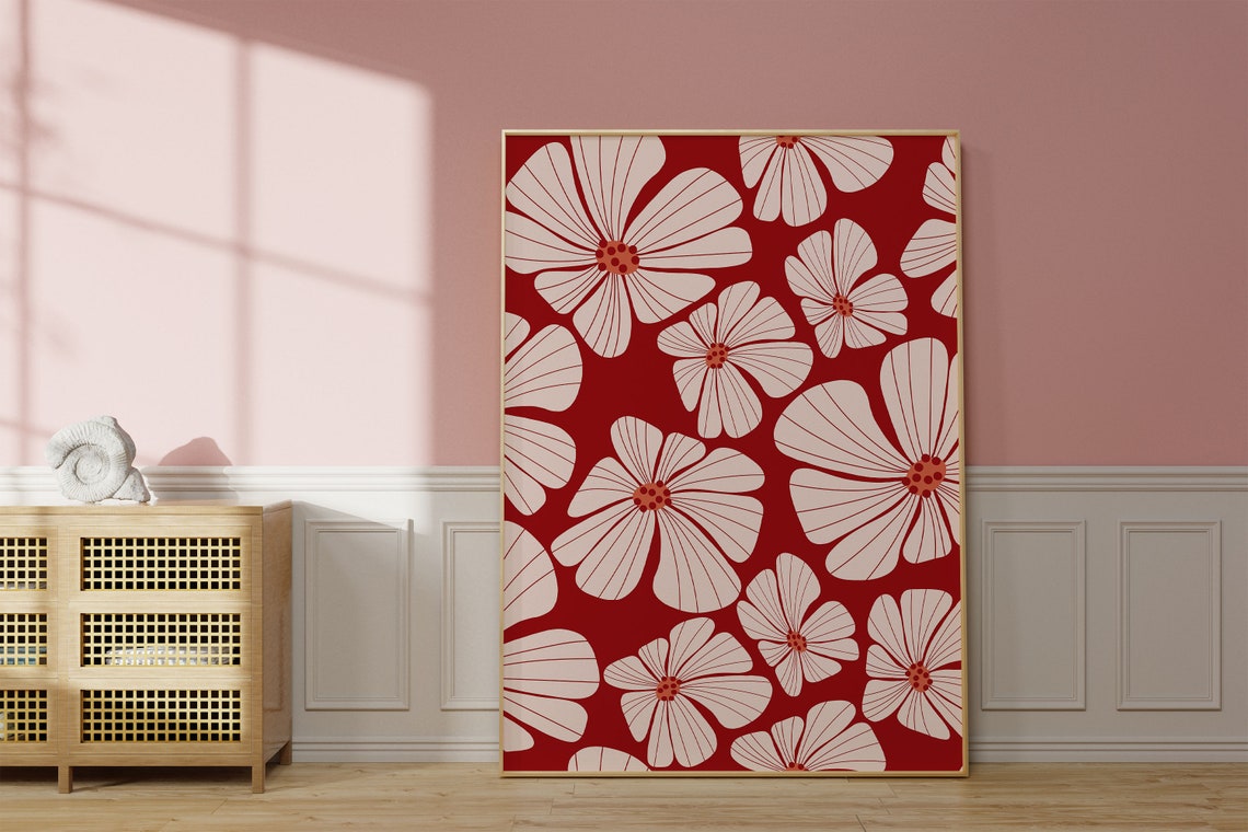 Red White Wavy Flowers Retro Japanese Botanical Pattern Wall Poster