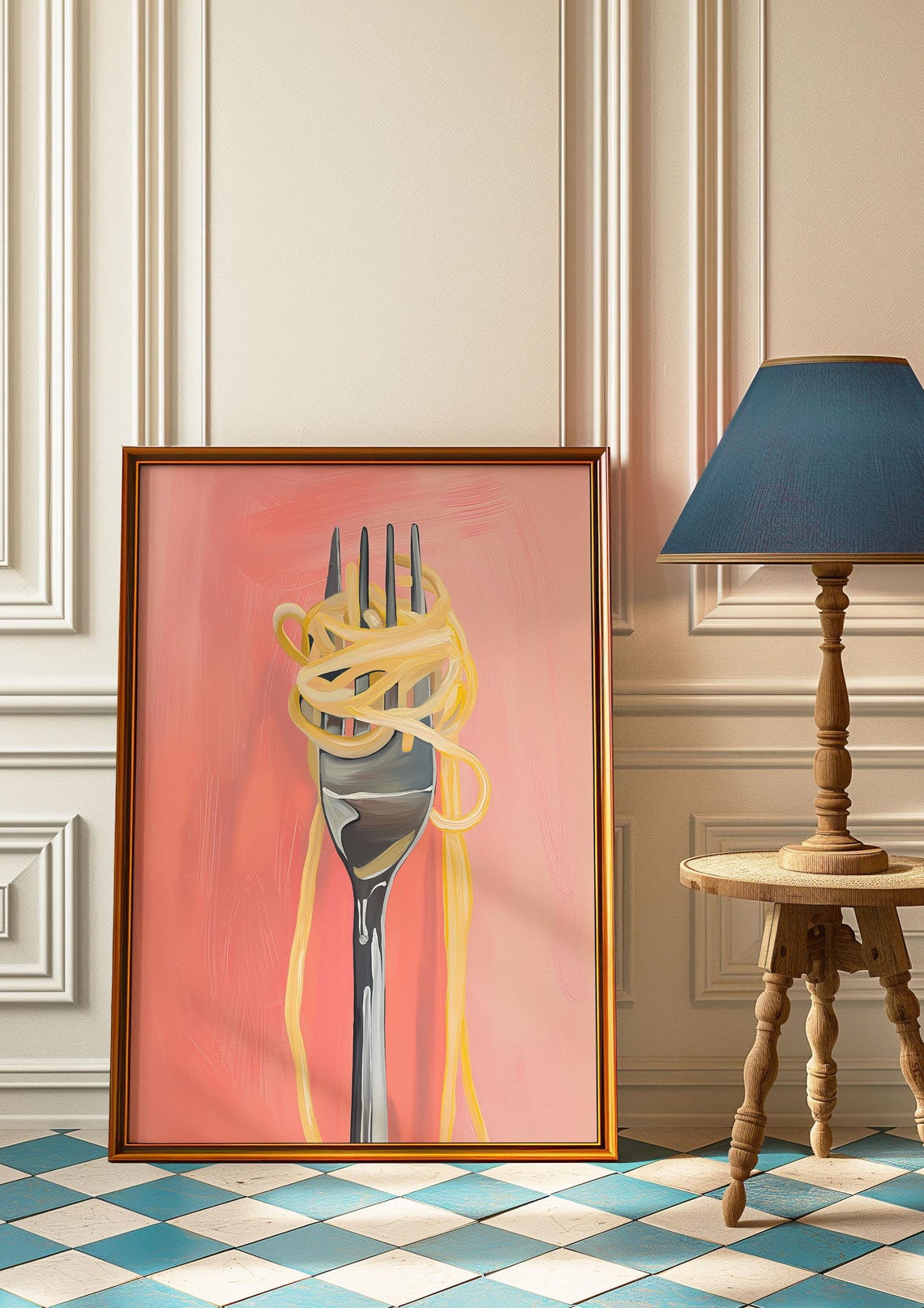 Spaghetti Twirled on Fork Pastel Pink Kitchen Decor Art Print