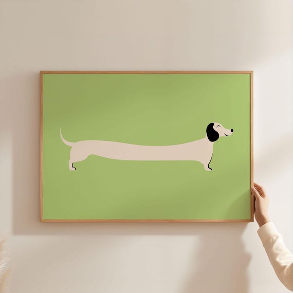 Physical Poster Long Dog Sausage Dachshund Print Neon Green Yellow Cute Animal Art For Kids Room Colourful Decor