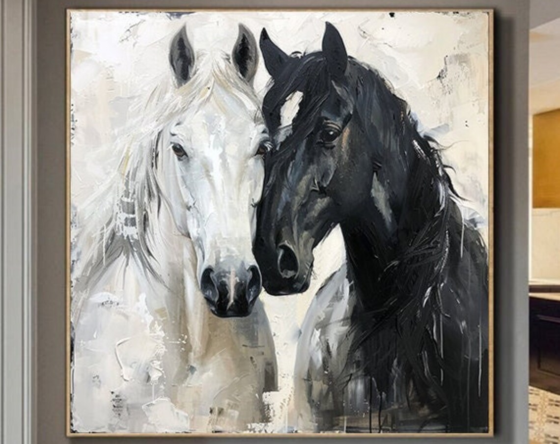 White Black Horse Oil Painting, Abstract Art Print