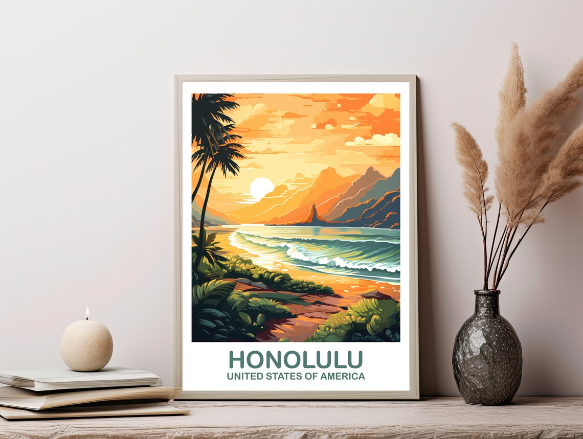 Honolulu Travel Poster, Hawaii City Skyline - Image 3