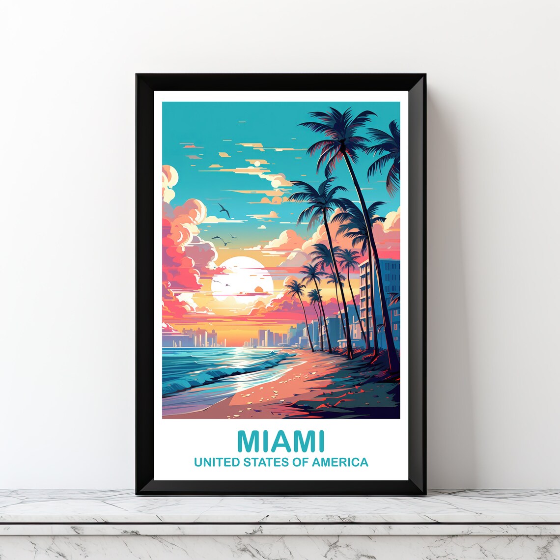 Miami Travel Poster, Florida City Skyline Art