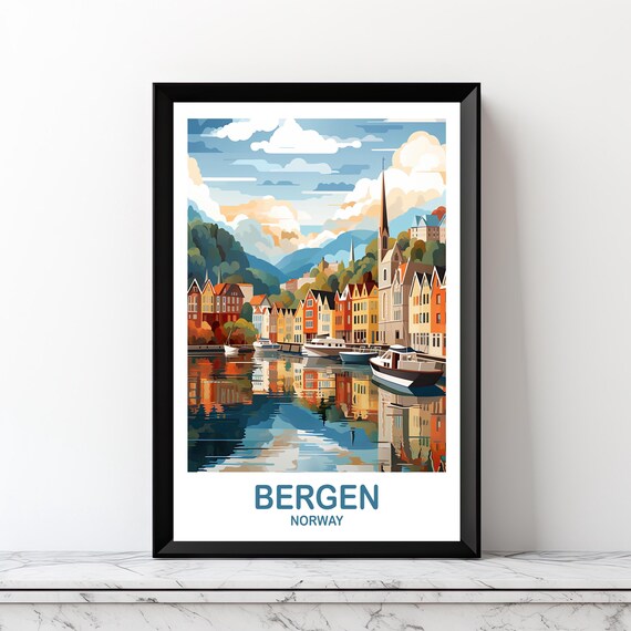 Bergen Norway Harbor Colorful Houses Vintage Travel Art Poster