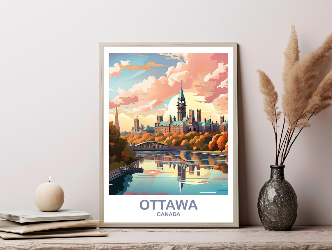 Ottawa Canada Parliament Hill Autumn Skyline Retro Travel Poster - Image 3