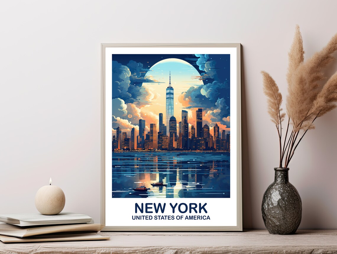 New York City Moonlit Skyline Night Harbor Boats Travel Art Poster - Image 2