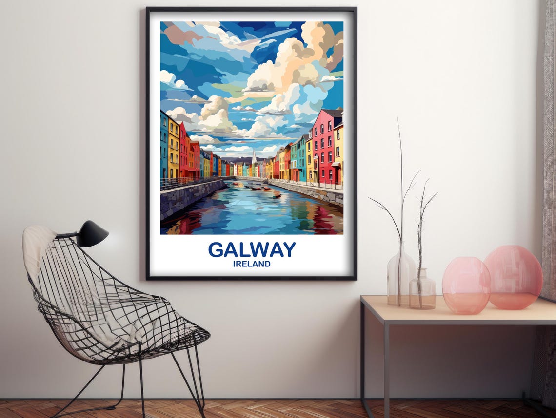 Galway Ireland Travel Poster Colorful River Buildings Retro City Art