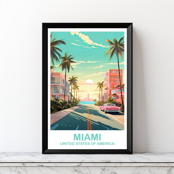 Miami Florida Palm Trees Art Deco Sunset Boulevard Travel Poster