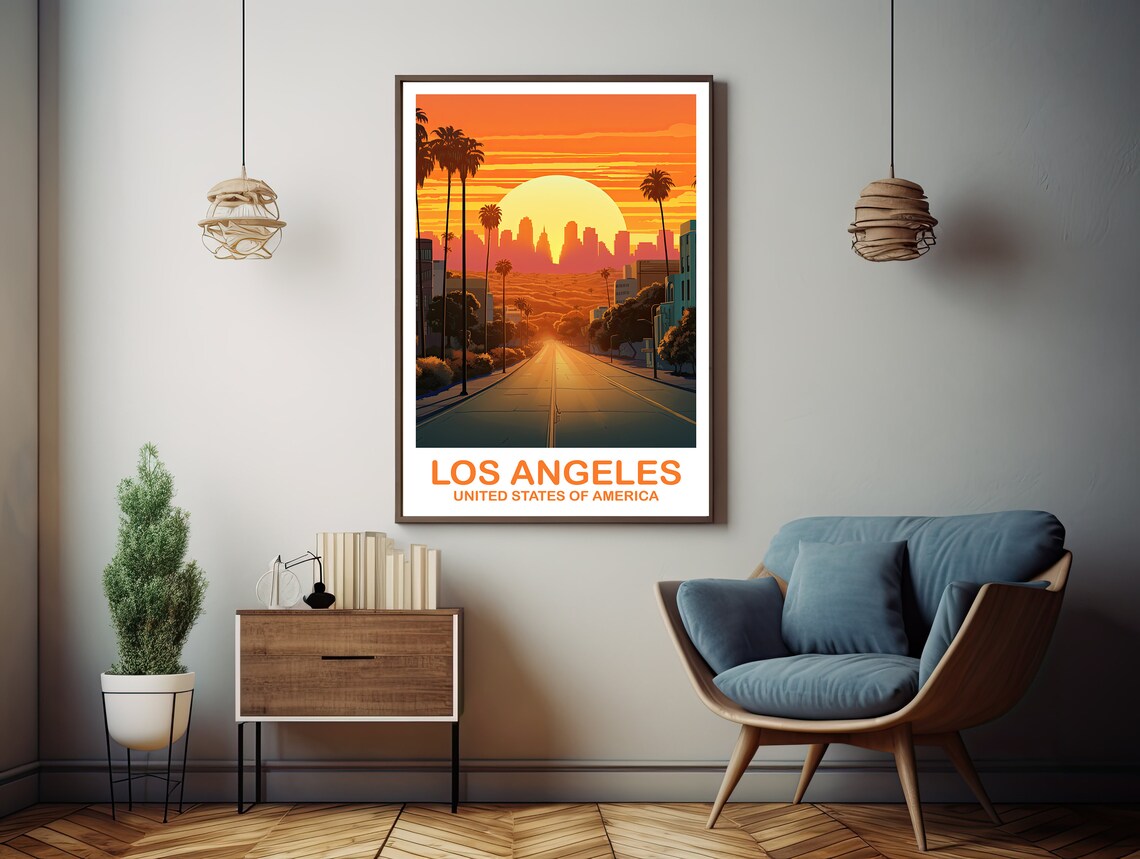 Los Angeles Sunset City Street Palm Trees Skyline Travel Art Poster - Image 2