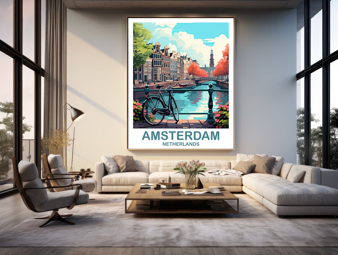 Amsterdam Netherlands Bicycle on Canal Bridge Colorful Travel Poster - Image 2
