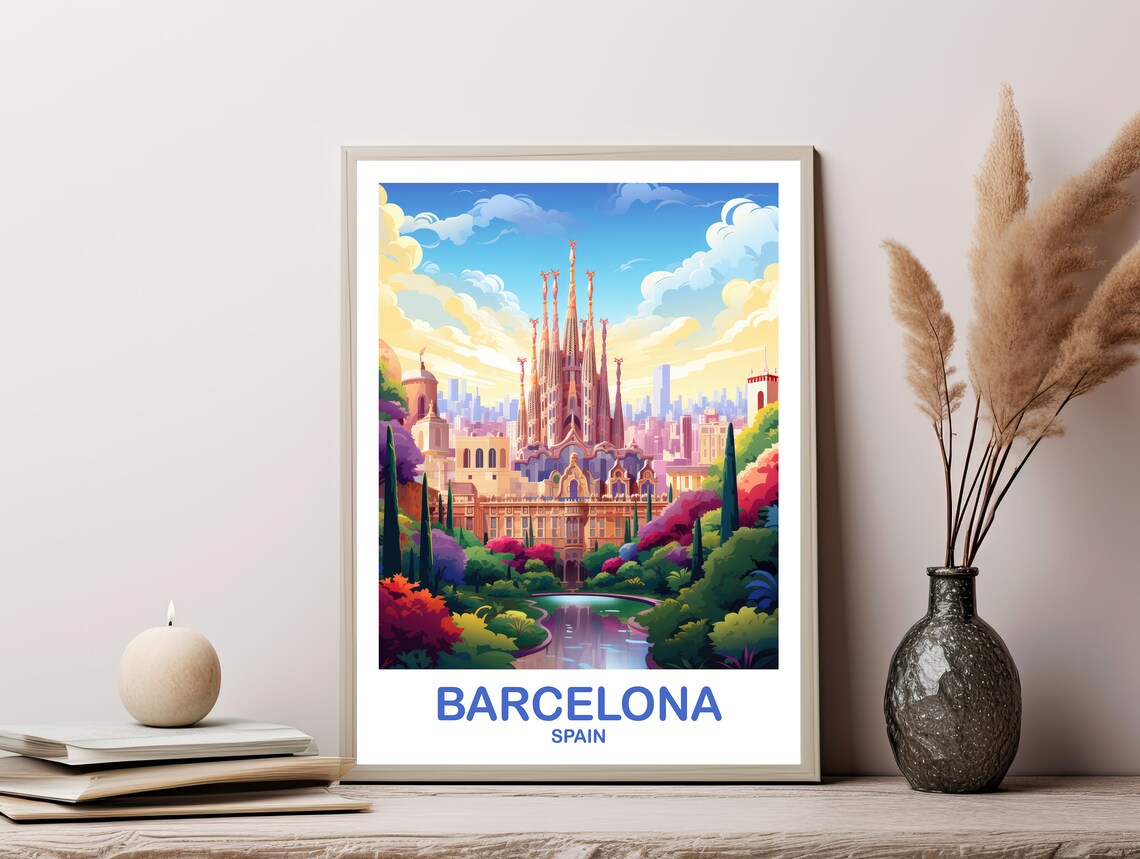 Barcelona Spain Sagrada Familia Garden View Travel Art Poster - Image 2