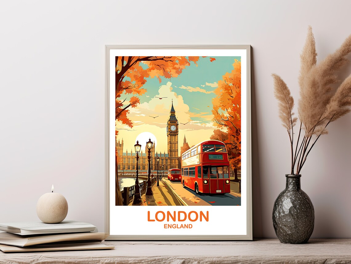 London England Big Ben Autumn Street Vintage Style Travel Art Poster - Image 2