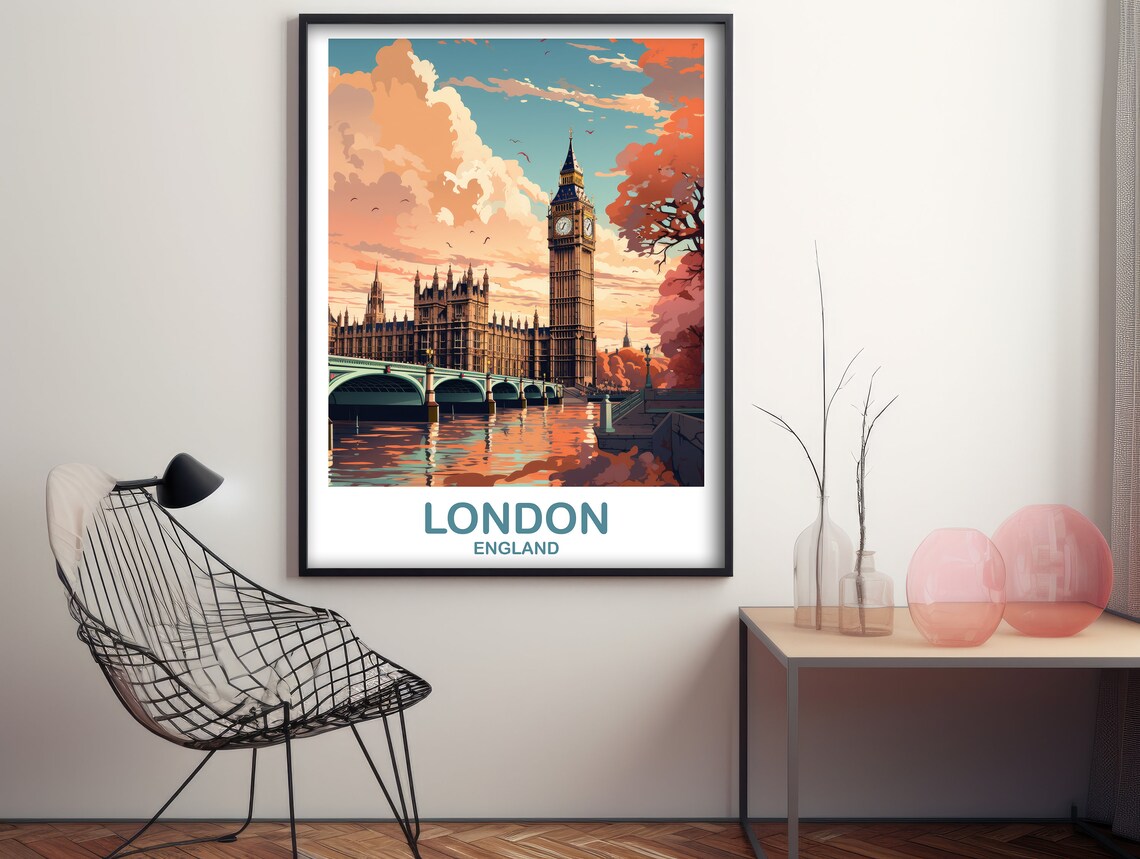 London England Big Ben Parliament Sunset Vintage Travel Poster - Image 3