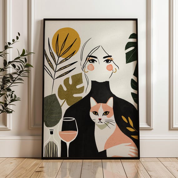 Cat Mom Woman And Cat Art Print, Cat Lover Gift