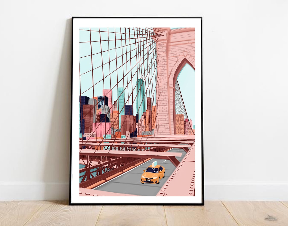 Brooklyn Bridge New York Travel Poster, Skyline Art