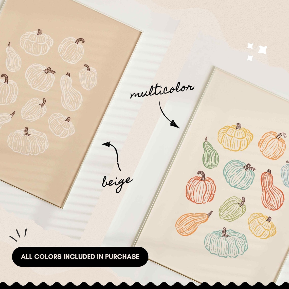 Colorful Pumpkins and Gourds Autumn Line Art Fall Wall Poster - Image 2