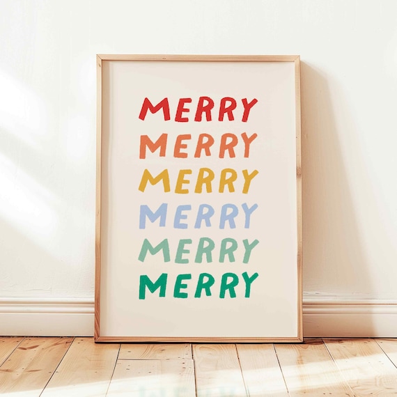 Merry Rainbow Stacked Typography Colorful Modern Christmas Poster
