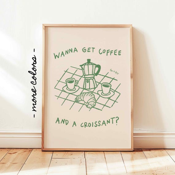 Coffee Croissant Print Retro Coffee Poster Breakfast Food Wall Art Vintage Kitchen Decor
