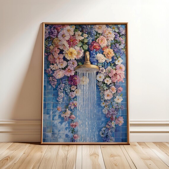 Floral Bathroom Poster, Botanical Watercolor Decor