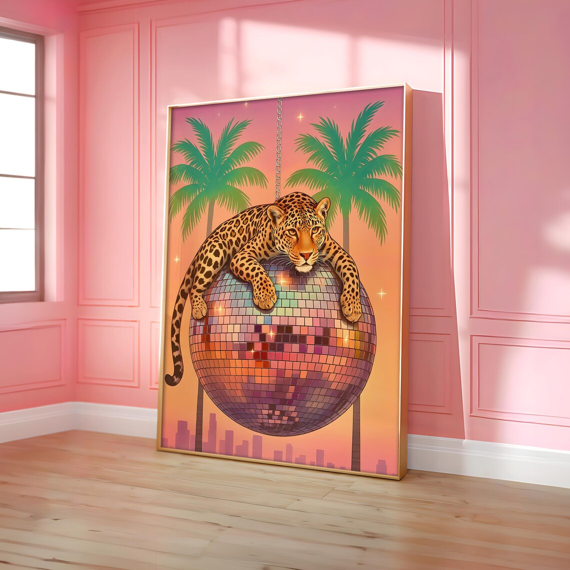 Leopard On Disco Ball Poster Wall Art Maximalist Decor Jungle Print Vibrant Prints Optional Frame