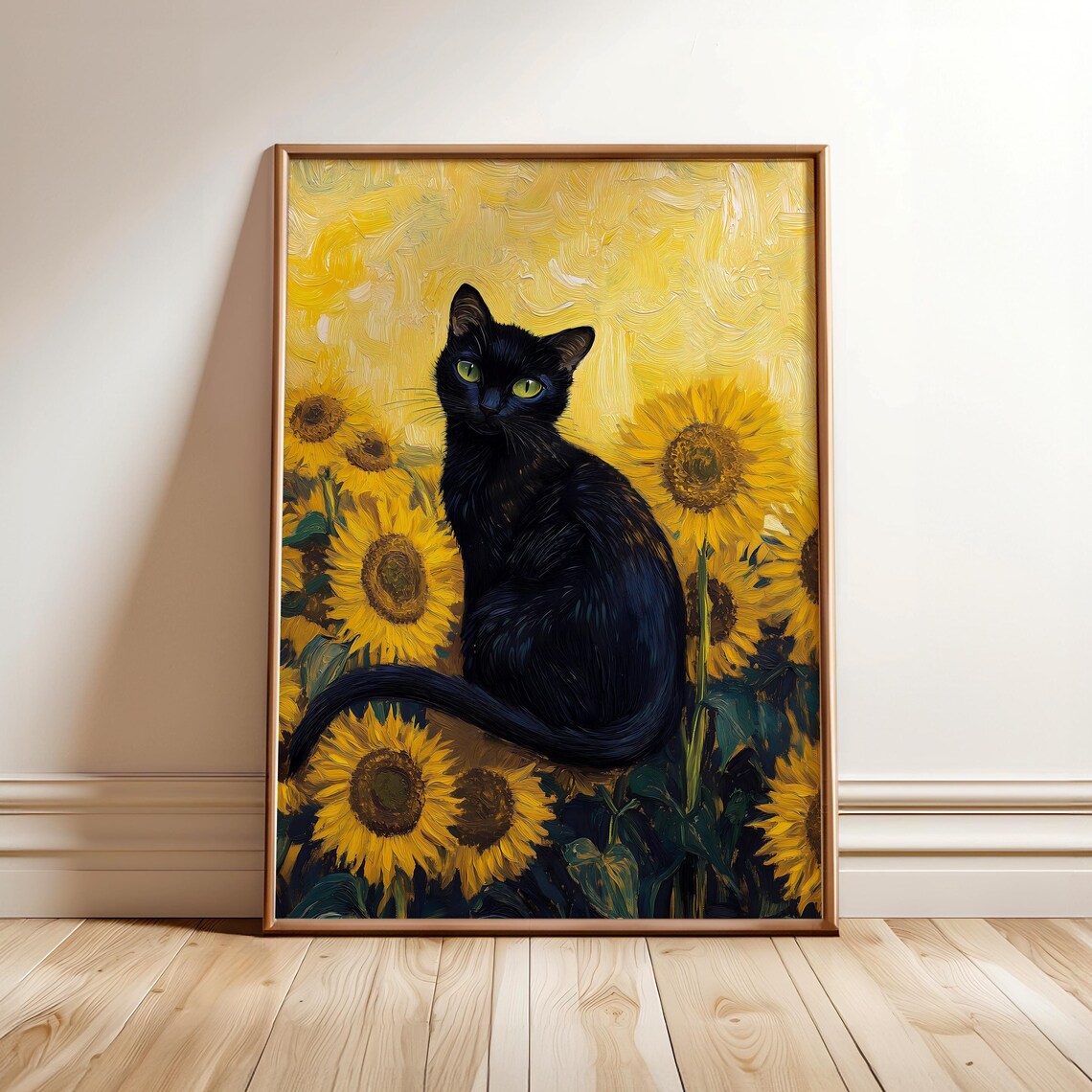 Black Cat In Sunflowers Van Gogh Style Painterly Yellow Floral Poster