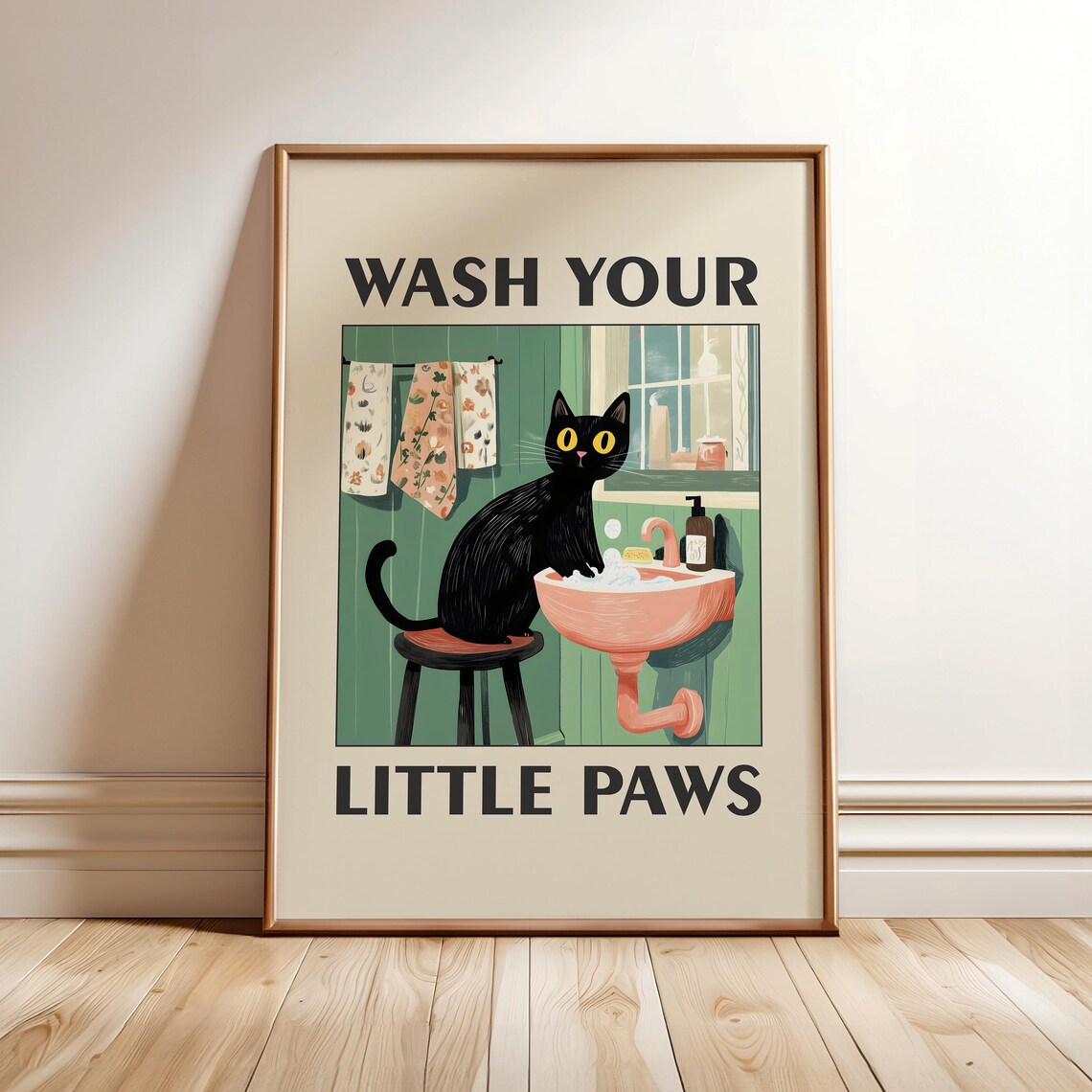 Wash Your Paws Cat Funny Bathroom Wall Art Print