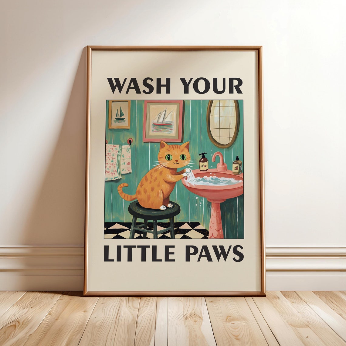 Wash Your Little Paws Orange Cat Washing At Sink Funny Bathroom Poster