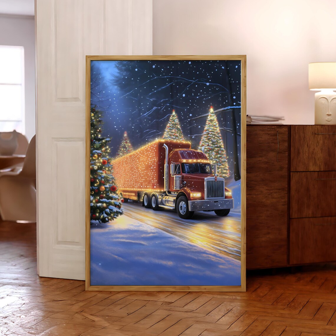 Christmas Lights Semi Truck Snowy Forest Night Holiday Poster