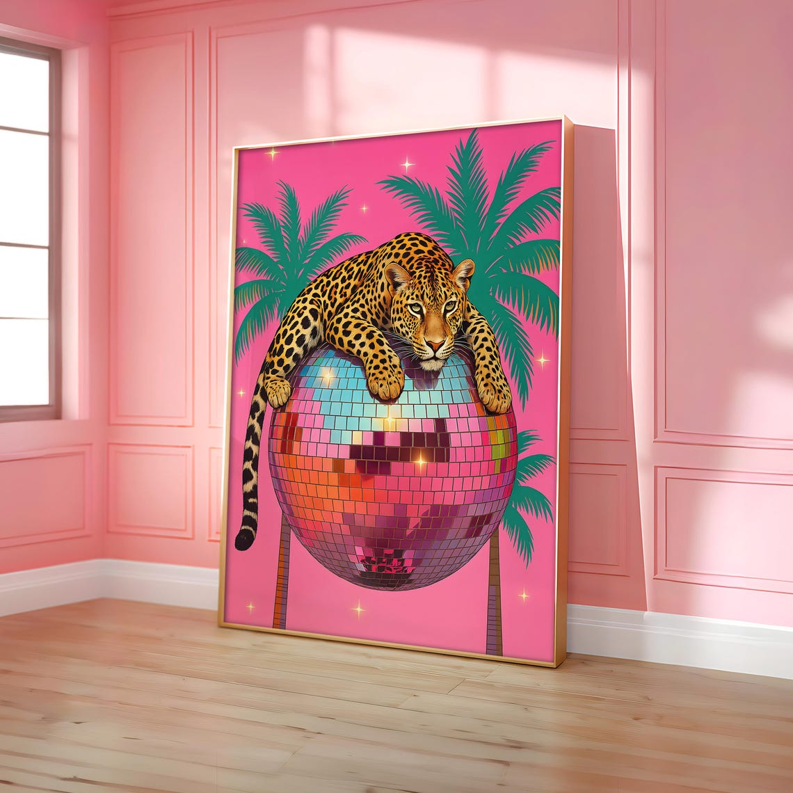 Leopard On Disco Ball Maximalist Hot Pink Jungle Decor Poster